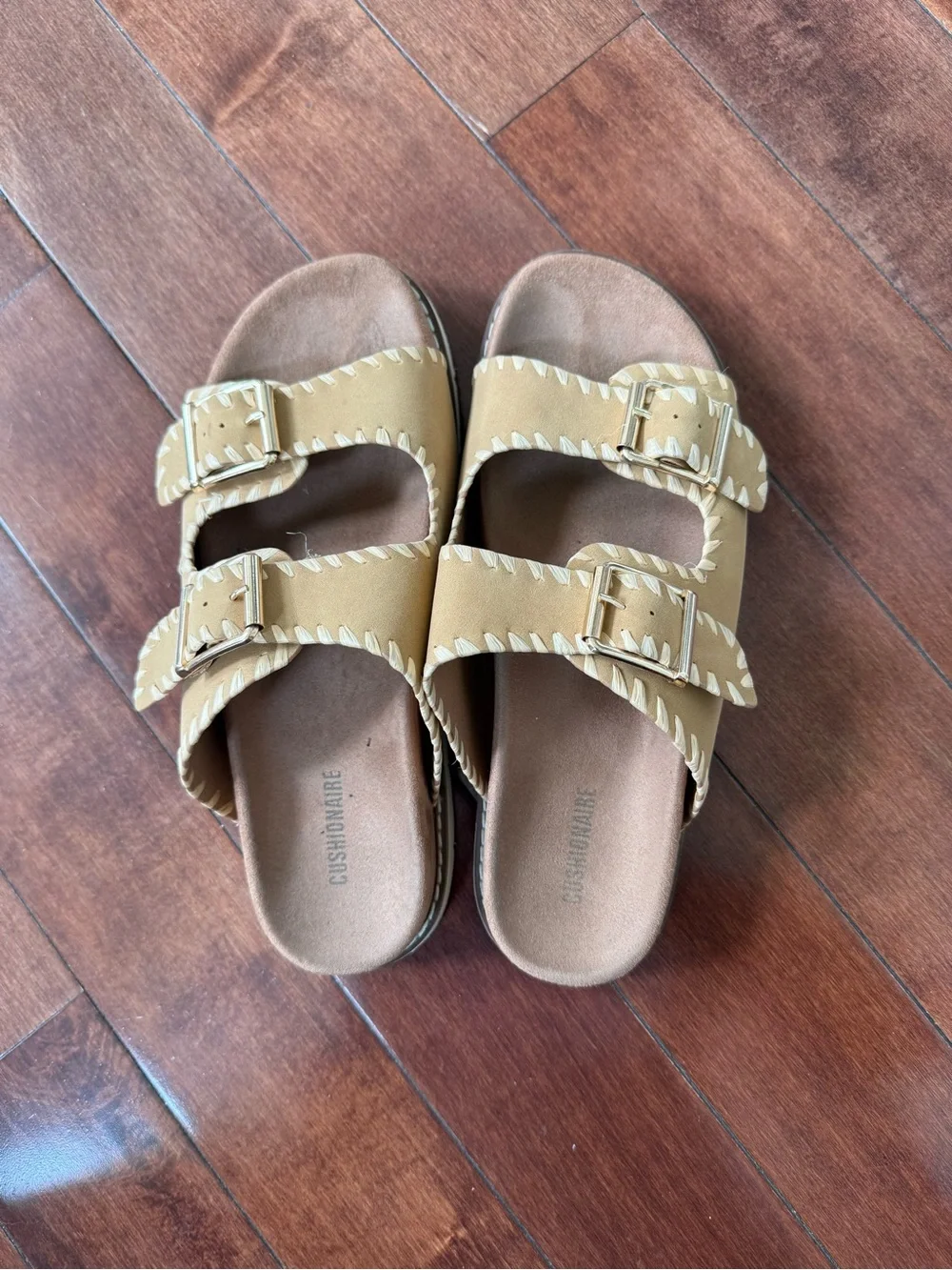 Wyatt Women’s Tan Double Buckle Slide Sandals, size 7W